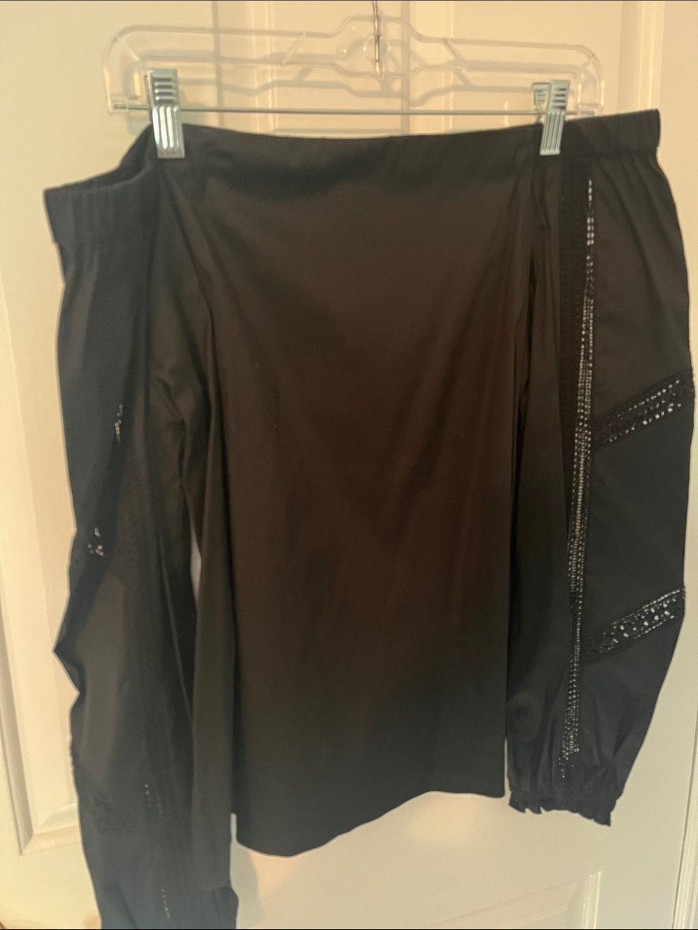White House Black Market Black Off-Shoulder Blouse with Embellished Sleeves